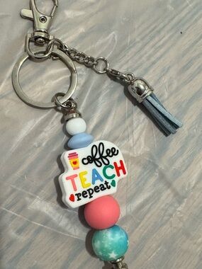 Coffee Teach Repeat Colorful Teacher Keychain with Tassel